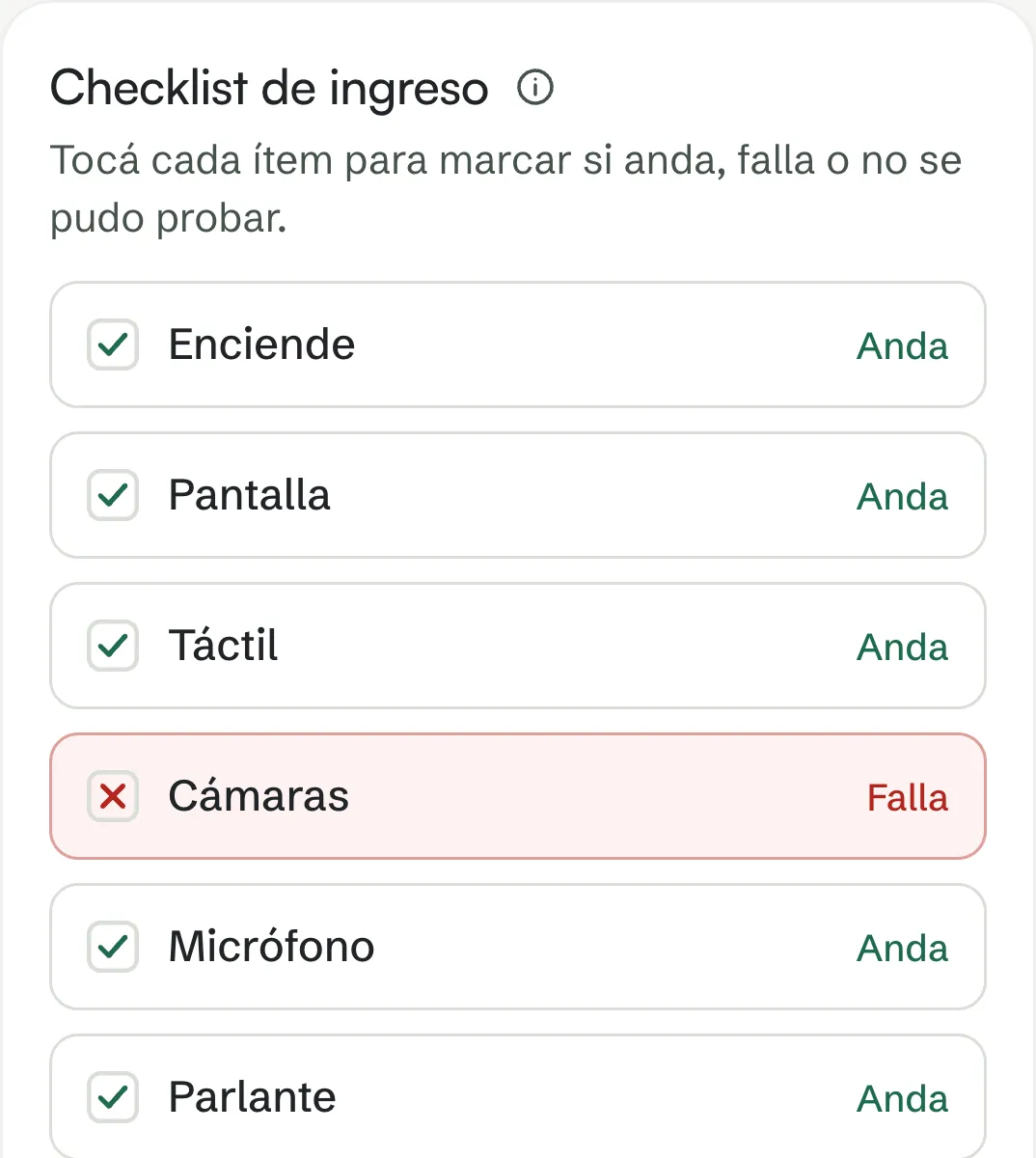 Checklist de ingreso en myfix: cada ítem marcado como anda, y Cámaras como falla.