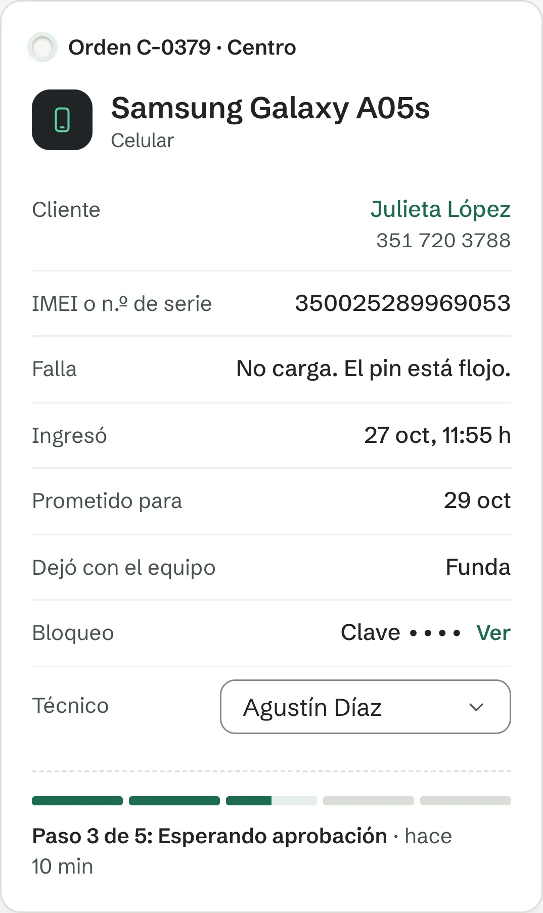 Una orden en myfix: Samsung Galaxy A05s de Julieta López, con IMEI, falla, fecha prometida, técnico y en qué paso está.